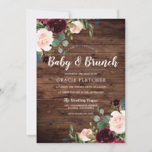 Rustic Blush & Burgundy Flowers Baby Shower Invitation