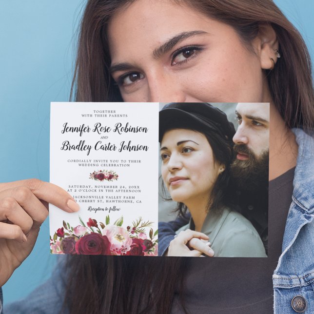 Rustic Blush Burgundy Flowers Photo Wedding Invitation (Creator Uploaded)