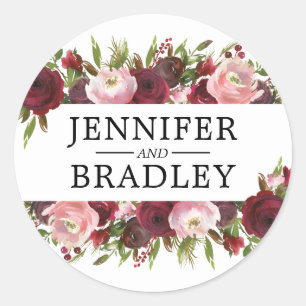 Rustic Blush Burgundy Flowers Wedding Classic Round Sticker