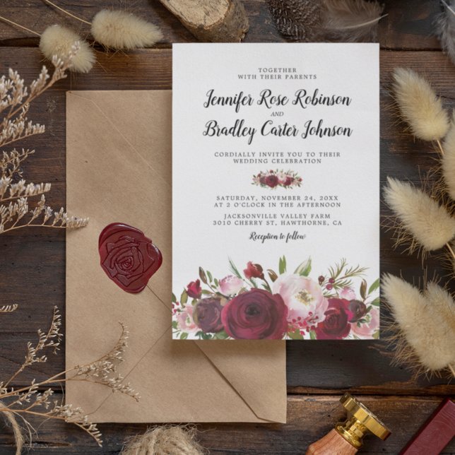 Rustic Blush Burgundy Flowers Wedding Invitation (Creator Uploaded)