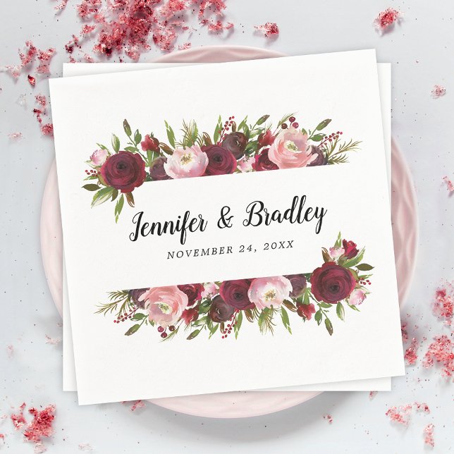 Rustic Blush Burgundy Flowers Wedding Napkin (Creator Uploaded)