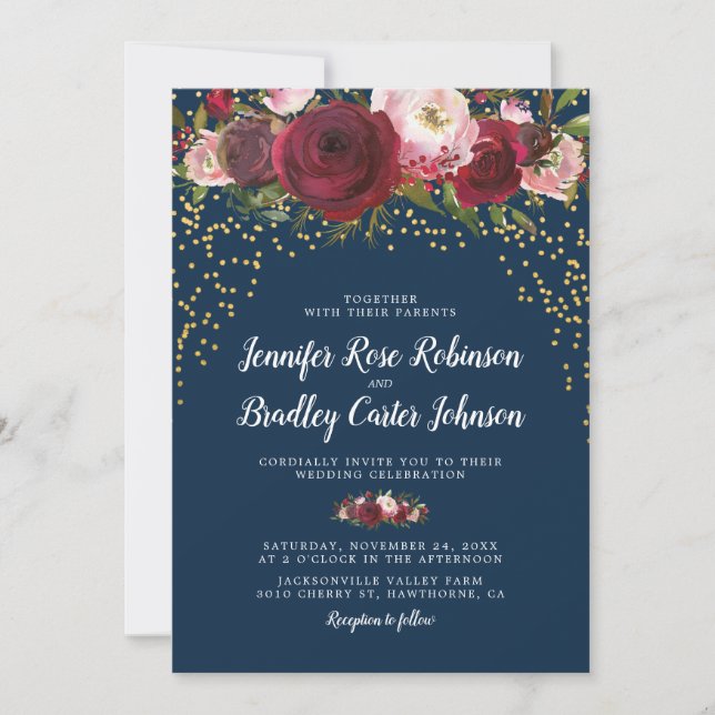 Rustic Blush Burgundy Navy Floral Wedding Invitation (Front)