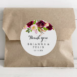 Rustic Blush Burgundy Thank You Wedding Favour Classic Round Sticker<br><div class="desc">This rustic blush burgundy thank you wedding favour classic round sticker is perfect for a simple wedding. The design features pink, blush, red, burgundy and bordo watercolor flowers with green foliage. Make the sticker labels your own by including your names, the event (if applicable), and the date. These stickers can...</div>