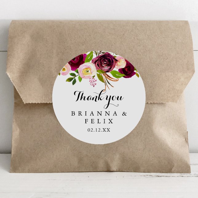 Rustic Blush Burgundy Thank You Wedding Favour Classic Round Sticker (Creator Uploaded)