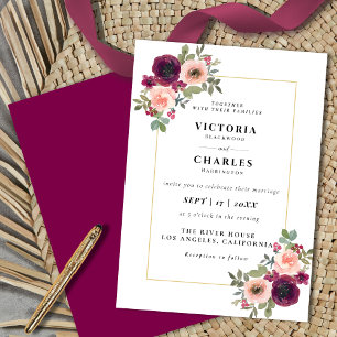 Rustic Blush & Burgundy Watercolor Floral Wedding Invitation