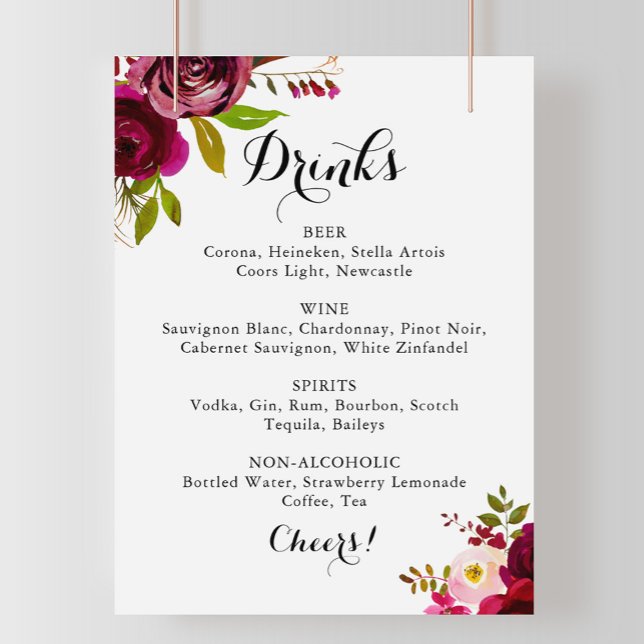 Rustic Blush Burgundy Wedding Drinks Menu Sign (Creator Uploaded)