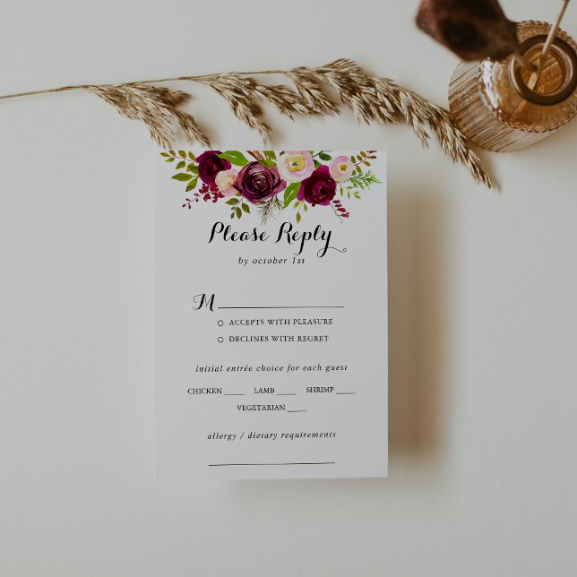Rustic Blush Burgundy Wedding Menu Choice RSVP (Creator Uploaded)