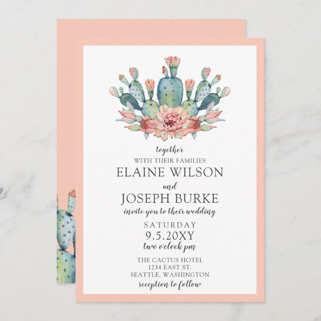 Rustic Blush Cacti Botanical Nature Desert Wedding Invitation (Front/Back)