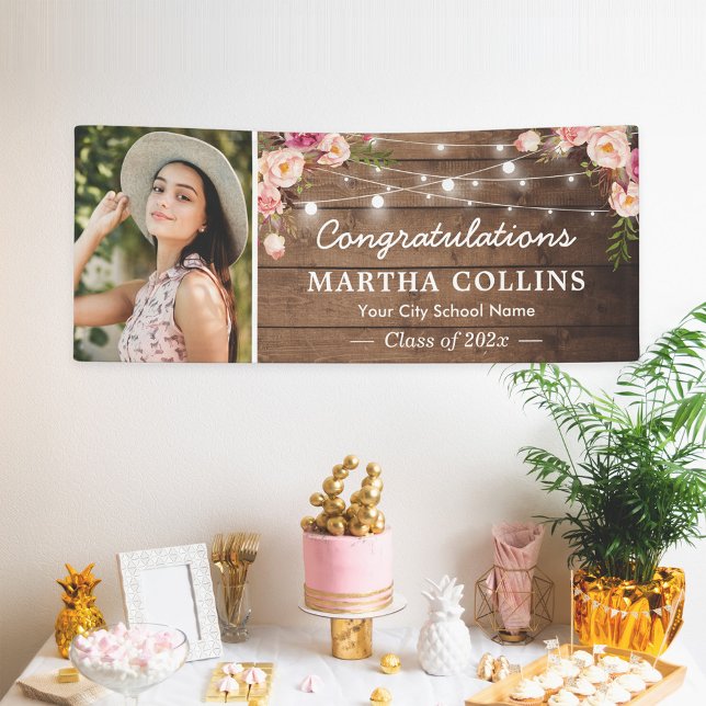 Rustic Blush Floral Grad Photo Graduation Party Banner (Creator Uploaded)