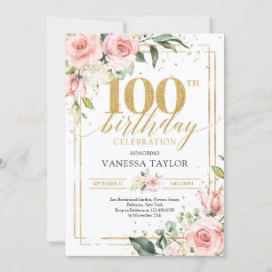 Rustic blush floral greenery gold frame 100th invitation