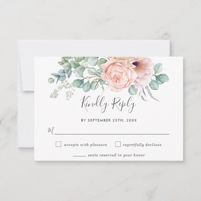 Rustic Blush Floral Greenery Wedding RSVP Card (Front)
