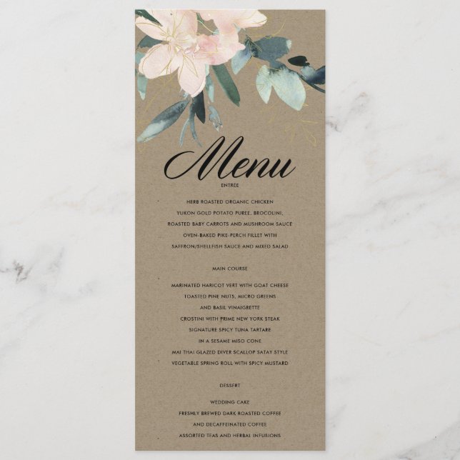 RUSTIC BLUSH FLORAL KRAFT BUNCH WATERCOLOR WEDDING MENU (Front)