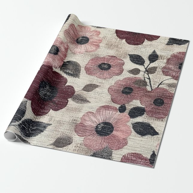 Rustic Blush Floral Linen Pattern (7) Wrapping Paper (Unrolled)