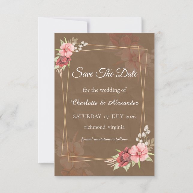 Rustic Blush Floral Save The Date Card (Front)