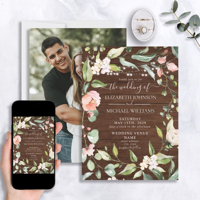 Rustic Blush Floral Script Wood Photo Wedding Invitation (Creator Uploaded)