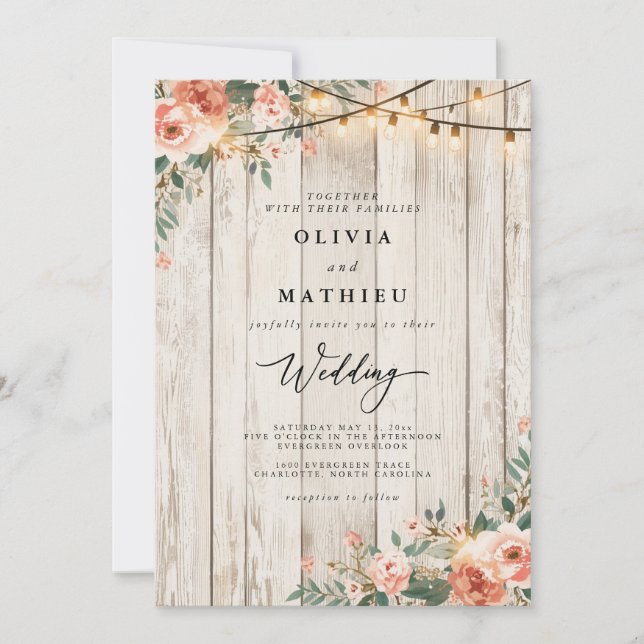 Rustic Blush Floral String Light Wedding Invitation (Front)