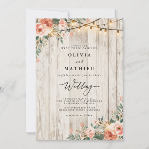Rustic Blush Floral String Light Wedding Invitation