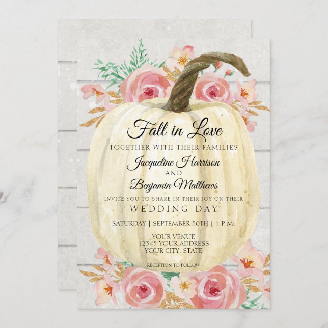 Rustic Blush Floral White Pumpkin n Shiplap Wood Invitation (Front/Back)