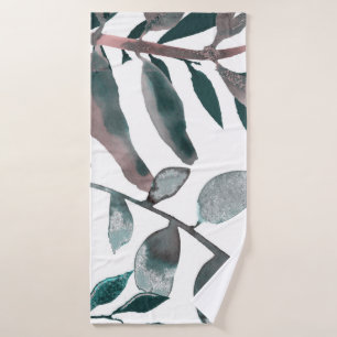Rustic Blush Greenery Botanical Leaves Watercolor Bath Towel Set