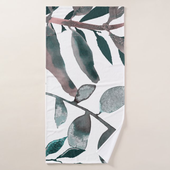 Rustic Blush Greenery Botanical Leaves Watercolor Bath Towel Set (Bath Towel)