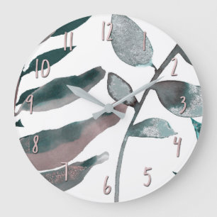Rustic Blush Greenery Botanical Leaves Watercolor Large Clock