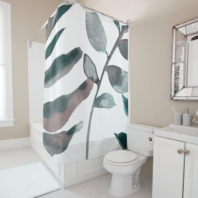 Rustic Blush Greenery Botanical Leaves Watercolor Shower Curtain (In Situ)