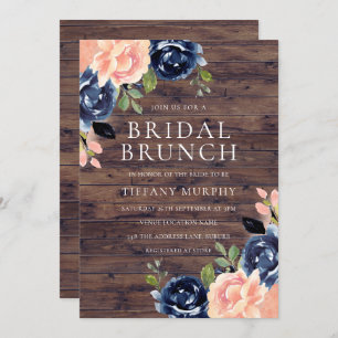 Rustic Blush Navy Blue Floral Bridal Shower Brunch Invitation