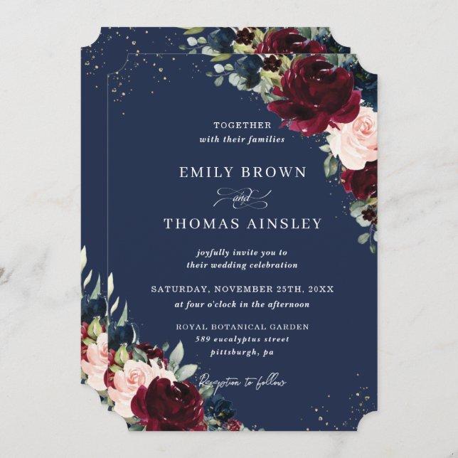 Rustic Blush Navy Blue Floral Greenery Wedding Inv Invitation (Front/Back)