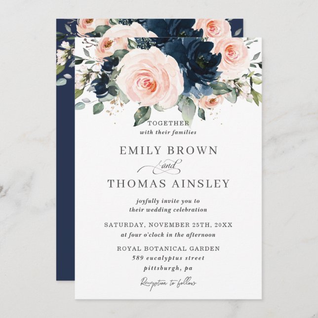 Rustic Blush Navy Blue Floral Greenery Wedding Invitation (Front/Back)