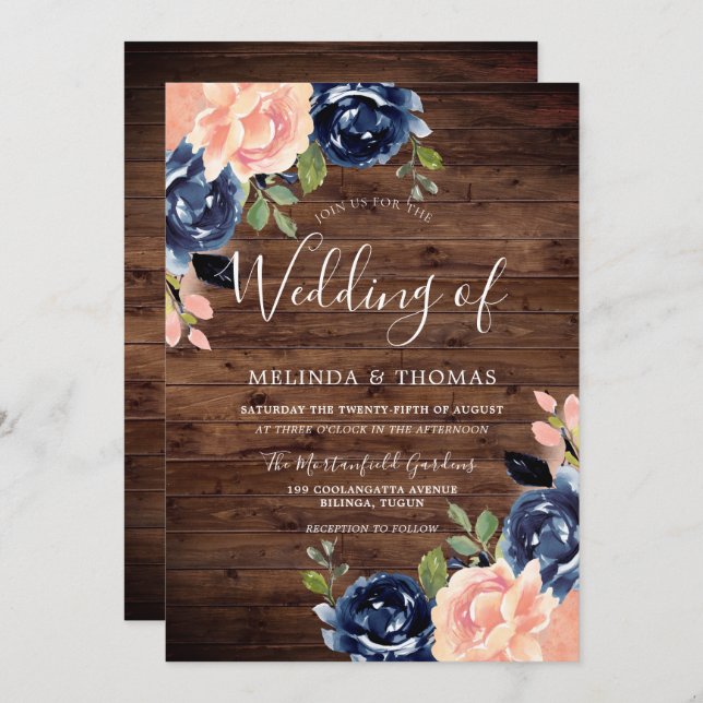Rustic Blush & Navy Blue Flowers Wedding Invitation (Front/Back)