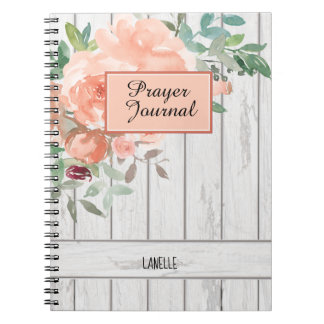 Rustic Blush Peach Floral Wood Name Prayer Journal