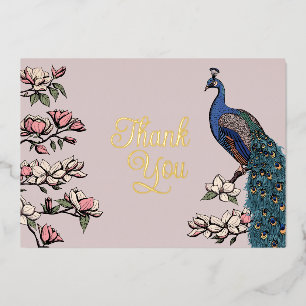Rustic Blush Pink and Gold Peacock Thank You Card