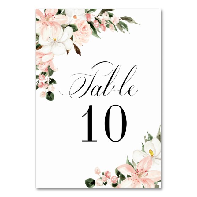 Rustic Blush Pink and White Floral Wedding Table Number (Front)