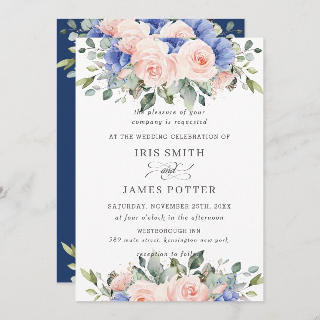 Rustic Blush Pink Blue Floral Greenery Wedding Invitation (Front/Back)