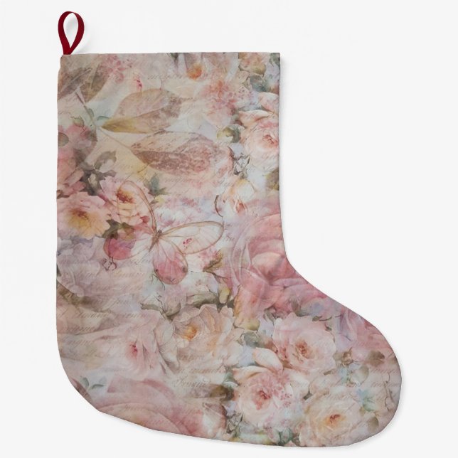 Rustic blush pink collage floral typography large christmas stocking (Front)