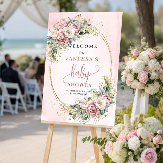 Rustic Blush Pink Floral Baby Shower Welcome Sign