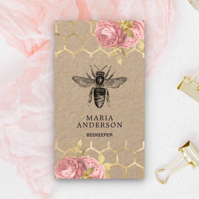 Rustic Blush Pink Floral Black Honey Bee Kraft Business Card (Creator Uploaded)