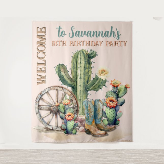Rustic Blush Pink Floral Cactus Desert Welcome Tapestry (Front)