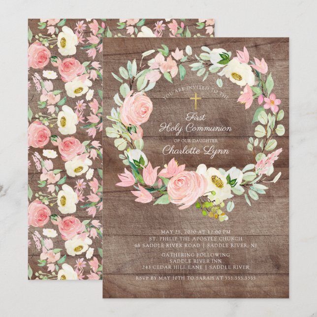 Rustic Blush Pink Floral First Communion Invitation (Front/Back)