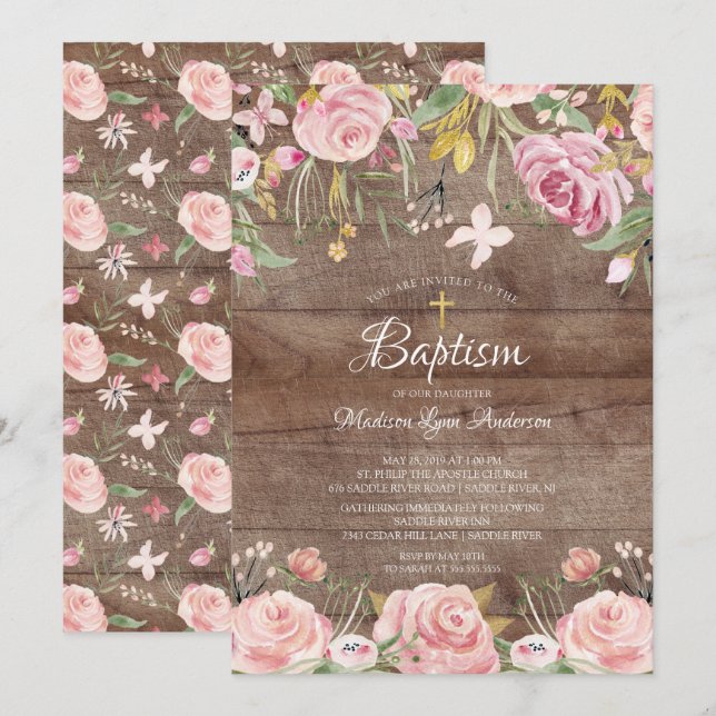 Rustic Blush Pink Floral Gold Cross Baptism Invitation (Front/Back)