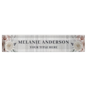 Rustic Blush Pink Floral on White Wood Teachers Nameplate