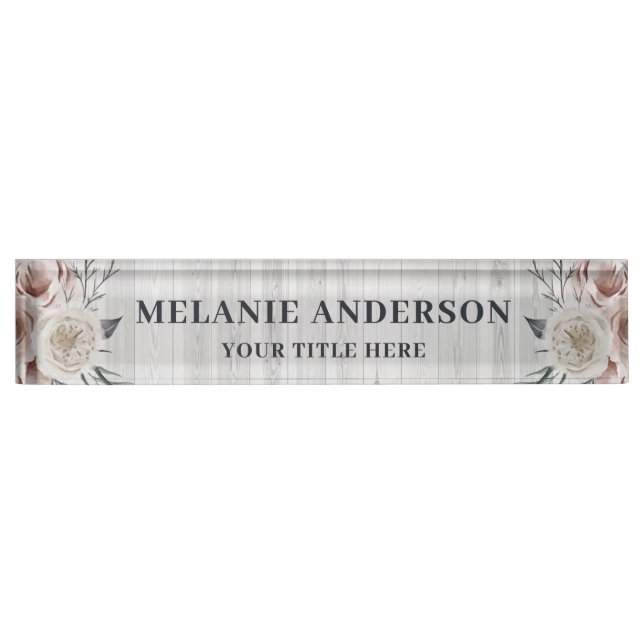 Rustic Blush Pink Floral on White Wood Teachers Nameplate (Front)