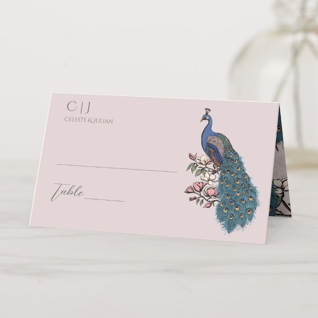 Rustic Blush Pink Floral Peacock Wedding Place Card (Rustic Floral Blue Teal Peacock on Magnolia Branch in Full Bloom with Flowers in Elegant Blush Pink.)