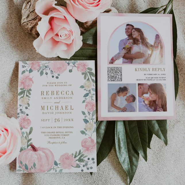 Rustic Blush Pink Floral Pumpkin QR Code Wedding Invitation (Creator Uploaded)