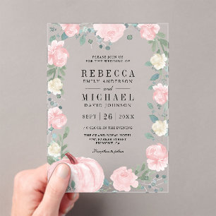 Rustic Blush Pink Floral Pumpkin Wedding Acrylic Invitations