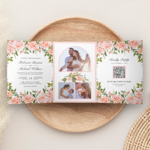 Rustic Blush Pink Floral QR Code Wedding Tri-Fold Invitation