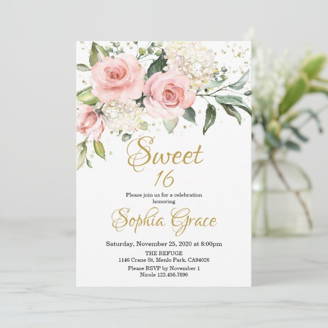 Rustic blush pink floral rose gold sweet sixteen invitation (Standing Front)