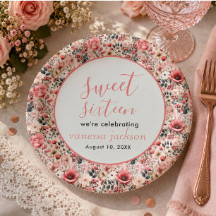 Rustic blush pink floral rose gold sweet sixteen paper plate