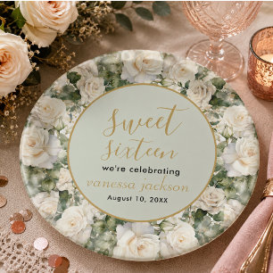 Rustic blush pink floral rose gold sweet sixteen paper plate
