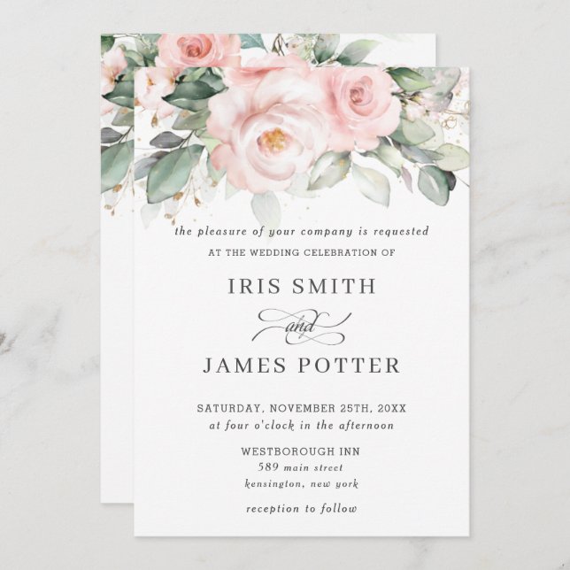 Rustic Blush Pink Floral Roses Greenery Wedding Invitation (Front/Back)
